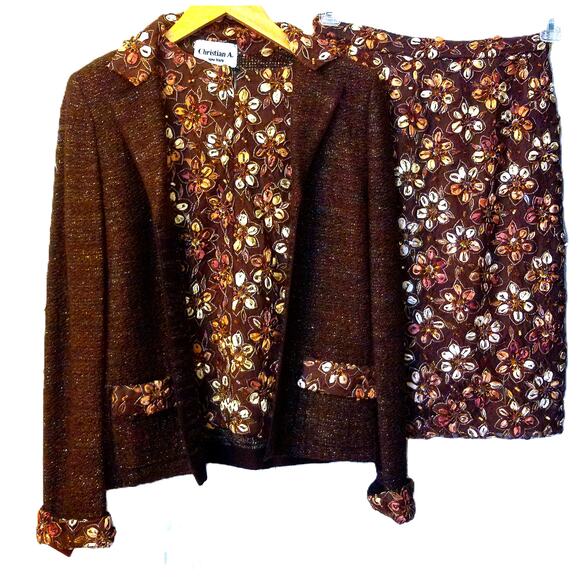Vintage Christian A Wool Lurex Chocolate Gold Jacket Tank And Skirt Set Size 6 - Picture 1 of 11